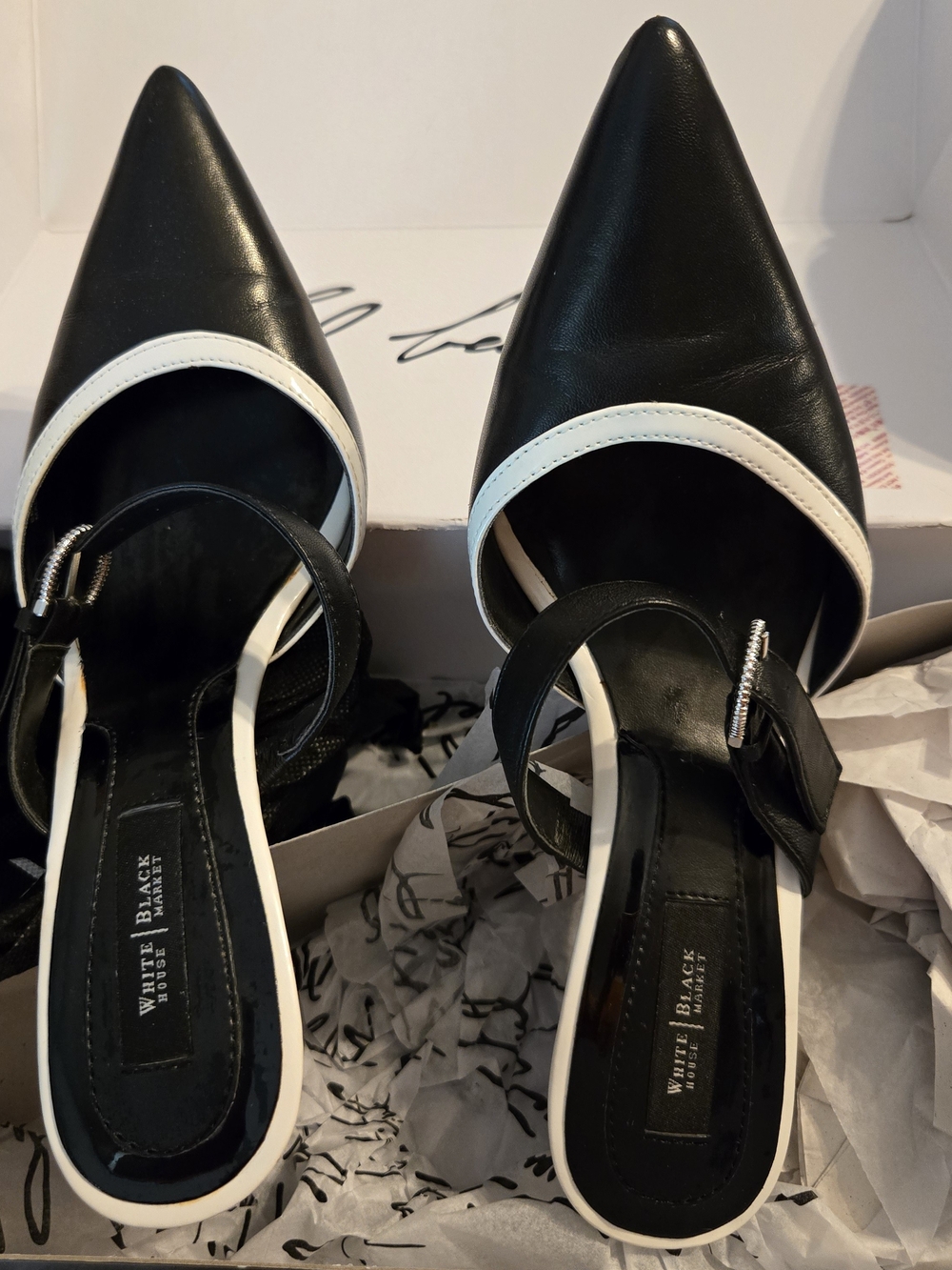 White House Black Market Emilie slide mule heels in black with white contrast
